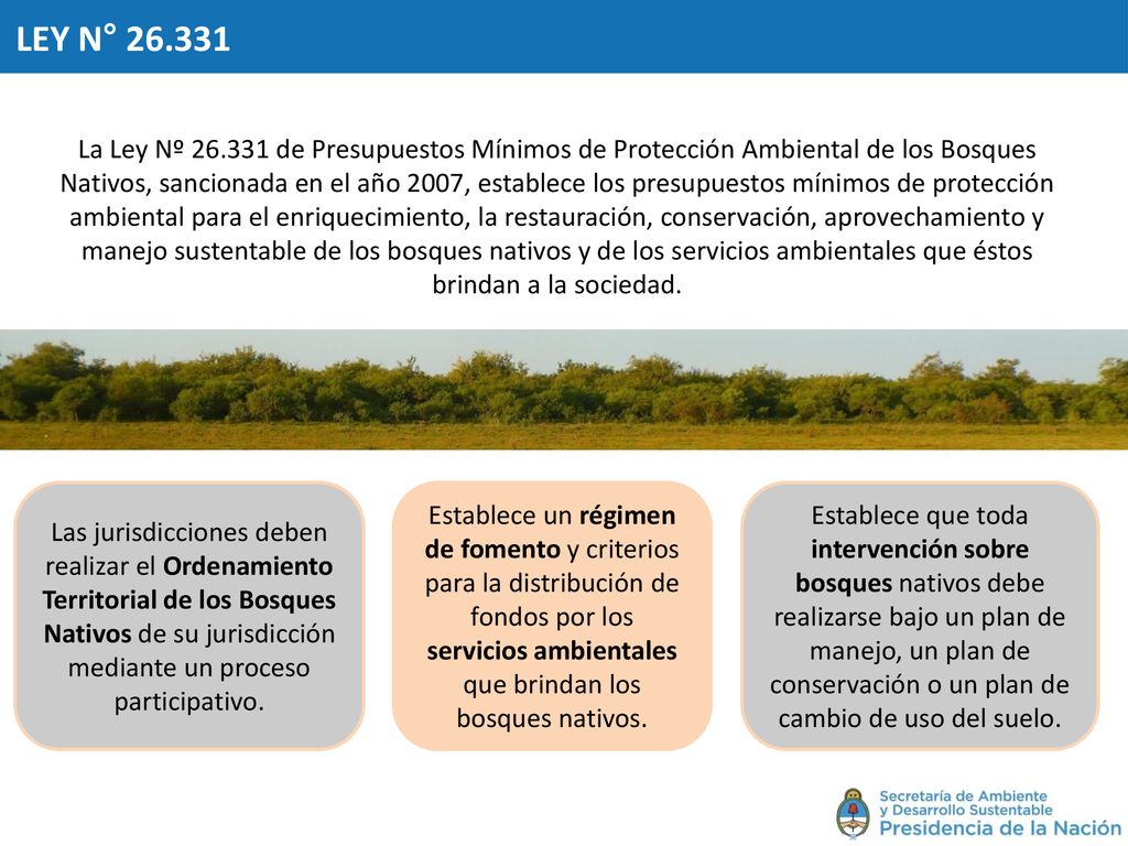 Ley 26.331 de Presupuestos Mínimos de Protección Ambiental de los Bosques Nativos.